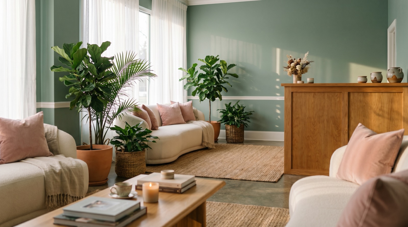 Bright airy salon-spa lounge with sage green walls, cream curved seating, blush pillows, warm wood desk, and tropical greenery