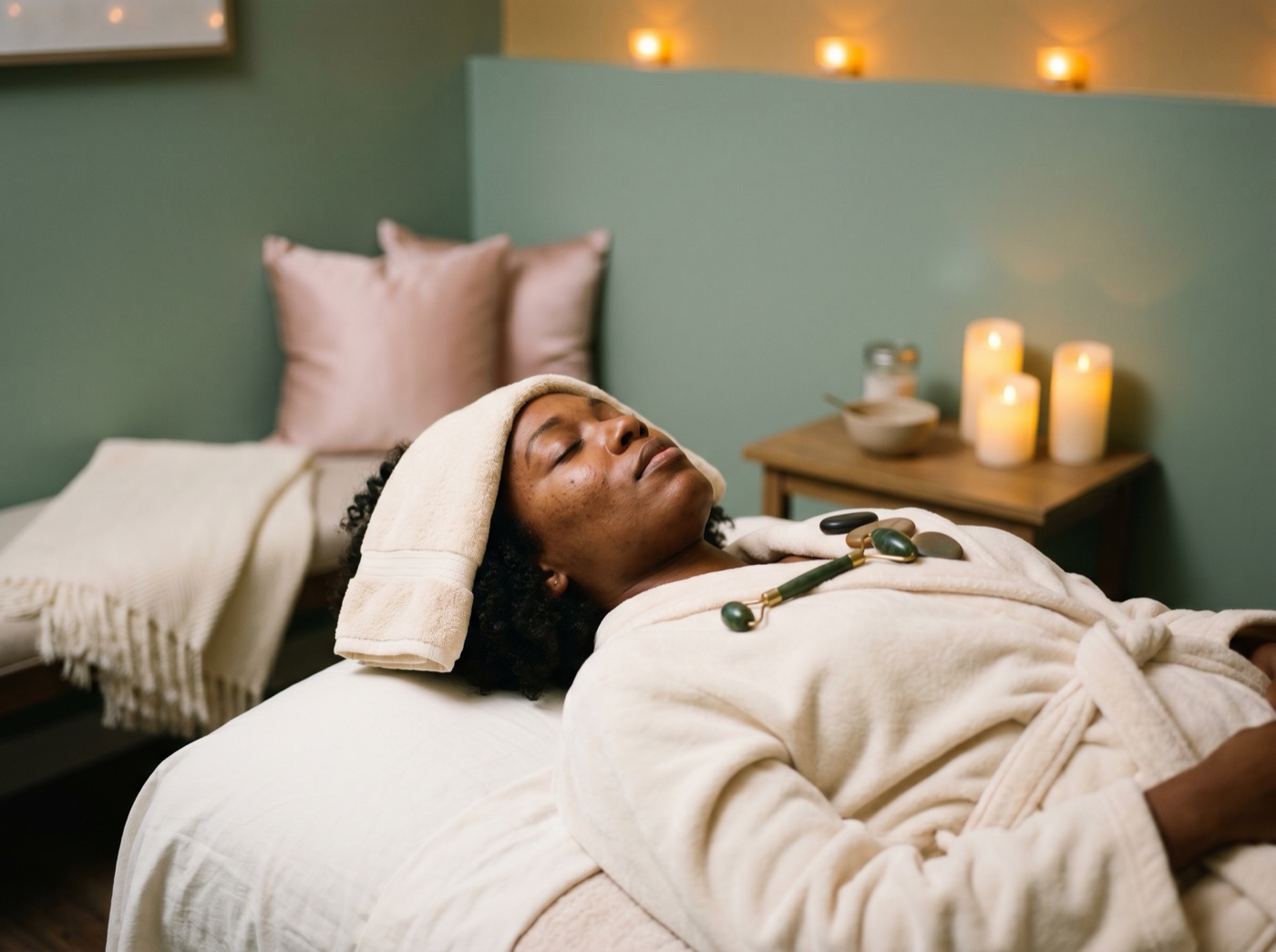 Black woman relaxing on a spa bed in a sage-toned treatment room with jade roller, hot stones, cream robe, and candlelight